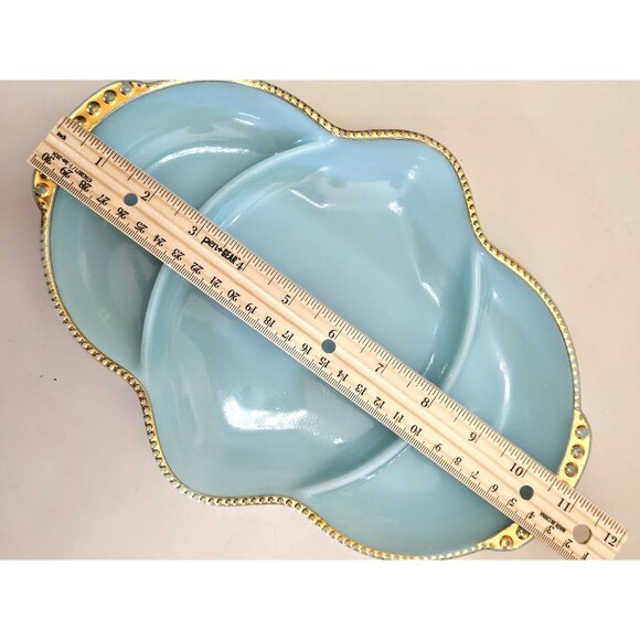 Fire King Delphite Serving Tray 11" long 3-section plate gold trim vtg midcentur - Picture 8 of 11